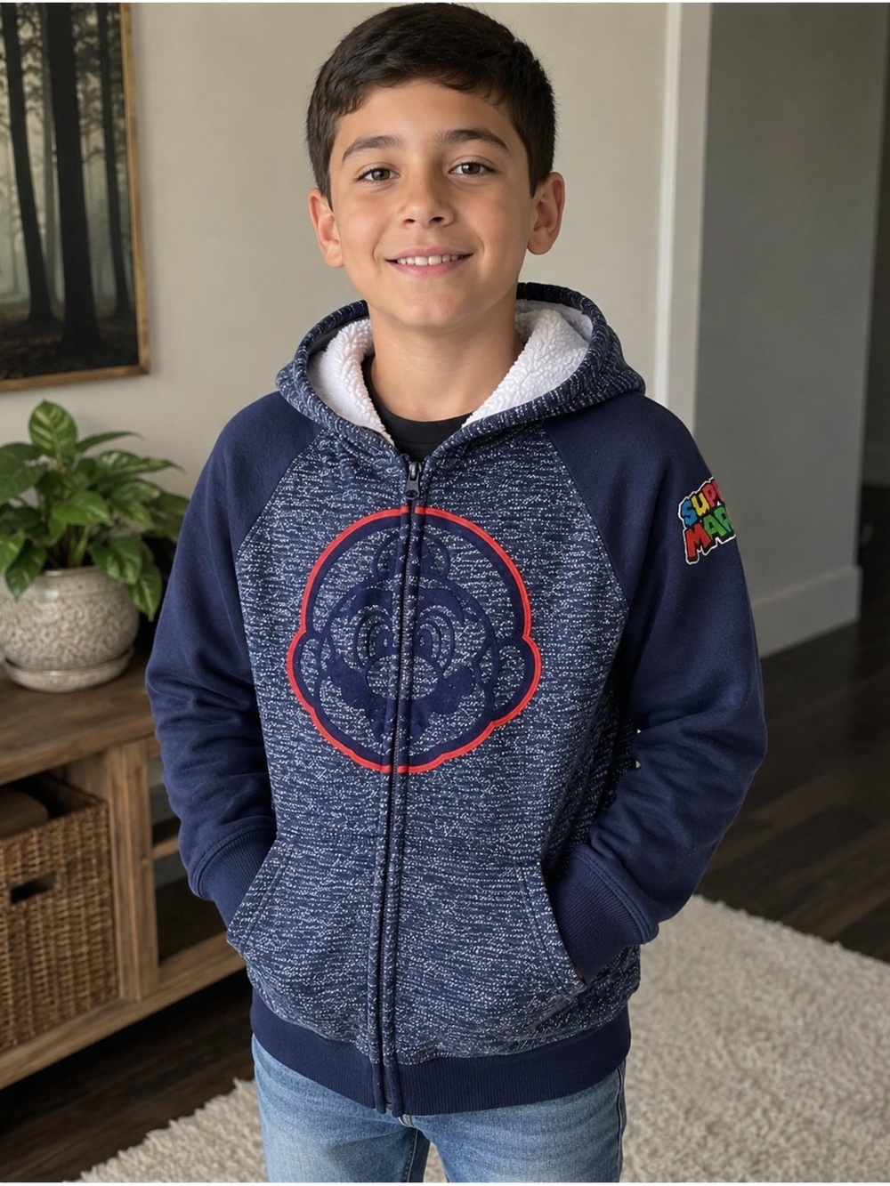 Nintendo Kids Navy Blue & Heather Gray Zip Hoodie with Mario Graphic